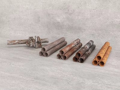Old Rusty Architectural Building Components With Metal Pipes And Connecting Fittings 3d model