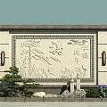 Traditional Chinese Carved Stone Wall With Fortune Character Landscape And Decorative Lanterns