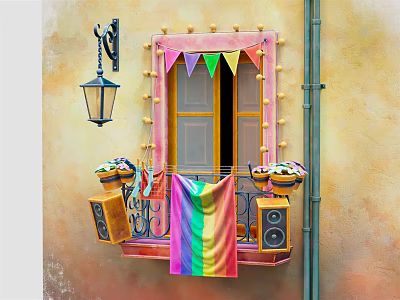 Vibrant Cartoon Balcony Scene With Colorful Bunting Rainbow Flag Flower Pots Black Lamp And Speakers 3d model