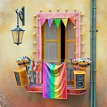 Vibrant Cartoon Balcony Scene With Colorful Bunting Rainbow Flag Flower Pots Black Lamp And Speakers