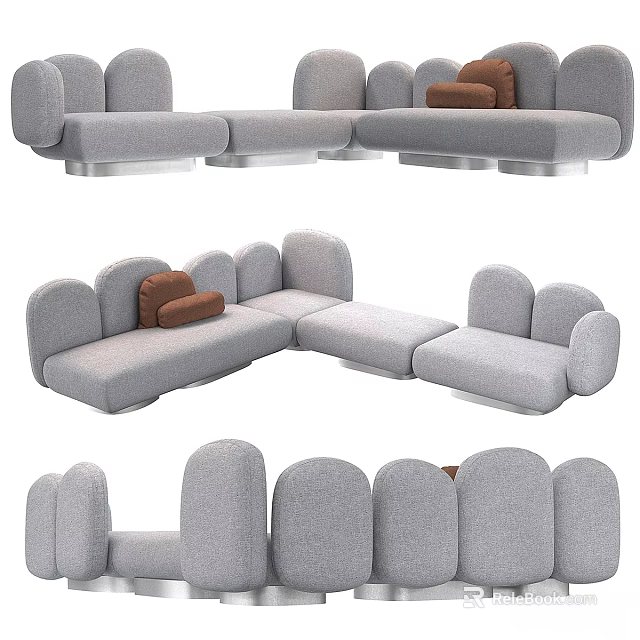 Gray Modular Double Sofa With Brown Cushions And Comfortable Design 3d model