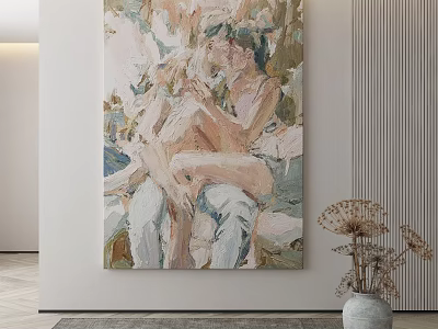 Abstract Figure Painting On Wall In Modern Interior With Dried Flowers Vase 3d model