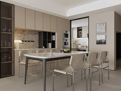 Modern Restaurant Interior Featuring Dining Table With Chairs And Wooden Cabinets 3d model