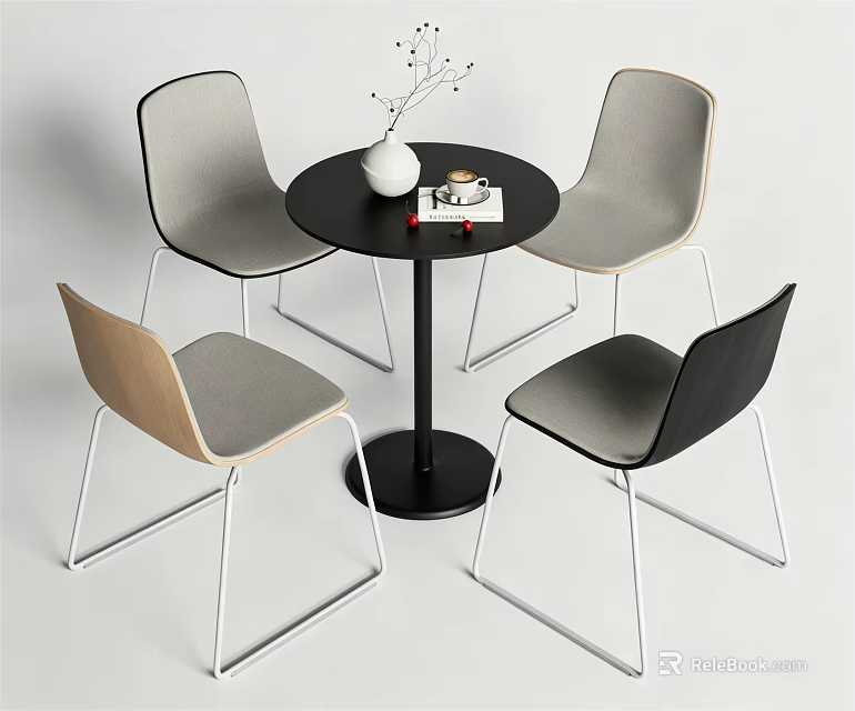 Modern Dining Table Set With Round Black Table And Four Colorful Metal Leg Chairs 3d model 