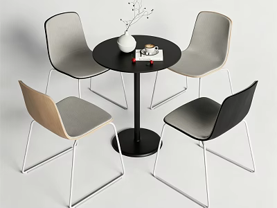 Modern Dining Table Set With Round Black Table And Four Colorful Metal Leg Chairs 3d model
