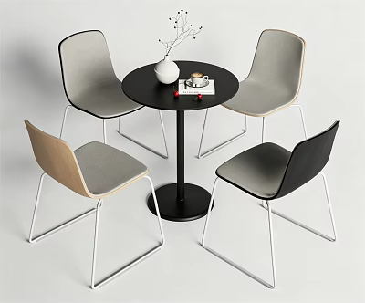 Modern Dining Table Set With Round Black Table And Four Colorful Metal Leg Chairs 3d model