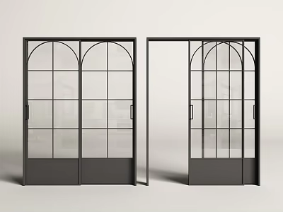 Stylish Black Frame Sliding Doors With Arched Top And Glass Panels 3d model
