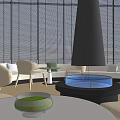 Stylish Circular Lounge Interior With Central Fire Pit Gray Sofas Round Tables And Wooden Floor