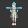 Game Anime Character With Blue Hair Transparent Coat White Pink Outfit Extended Arms