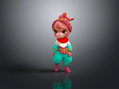 Cute 3D Cartoon Character With Horned Headdress Pink Hair Teal Outfit And Red Accents 3d model