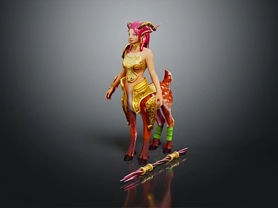 Game Movie Character With Pink Hair Antler Headdress Gold Red Ornate Outfit And Decorative Staff 3d model