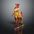Game Movie Character With Pink Hair Antler Headdress Gold Red Ornate Outfit And Decorative Staff