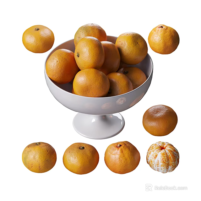 Fresh Juicy Oranges In White Pedestal Bowl With Scattered Fruits Around 3d model 