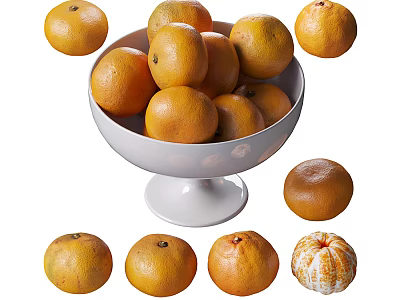Fresh Juicy Oranges In White Pedestal Bowl With Scattered Fruits Around 3d model