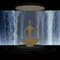 Golden Sculpture Carving On Black Pedestal With Blue Water Pattern Background And Circular Lighting