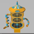 Yellow Multi Level Playground Equipment With Colorful Dome Blue Orange Slides And Net Structures