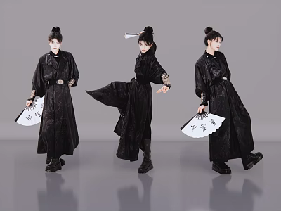 Man in Traditional Black Robe Posing Dynamically with Fan Against Gray Background 3d model