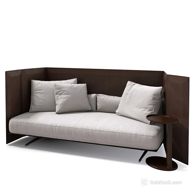 Modern Double Sofa With Light Gray Cushions Dark Brown Frame And Small Round Side Table 3d model