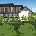 Mixed Style Building Complex With Traditional Modern Architecture Green Landscaping And Trees