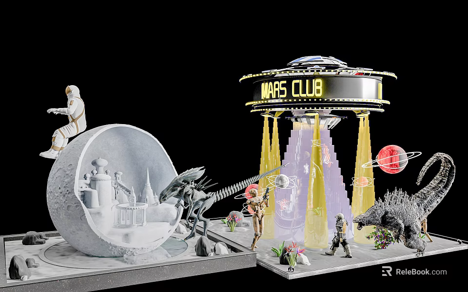 Mars Club Space Scene Model Featuring Astronaut Alien Creatures And Moon 3d model