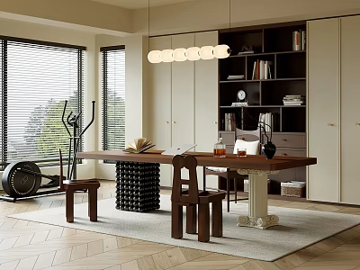 Study Room Interior With Wooden Table Bookshelf Books Decorations Chandelier Window Blinds And Wooden Floor 3d model