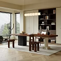 Study Room Interior With Wooden Table Bookshelf Books Decorations Chandelier Window Blinds And Wooden Floor