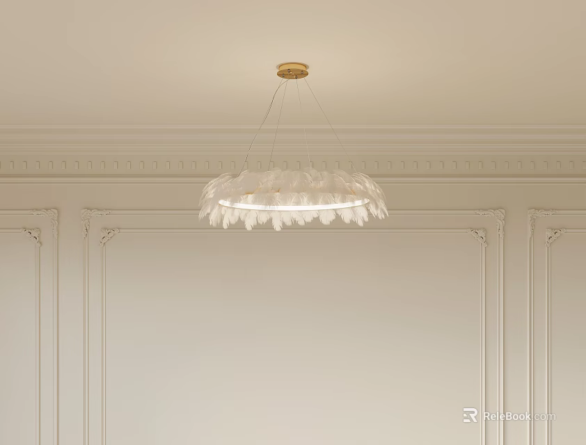 White Feather Design Chandelier Hanging from Ceiling in Elegant Interior with Decorative Wall Panels 3d model