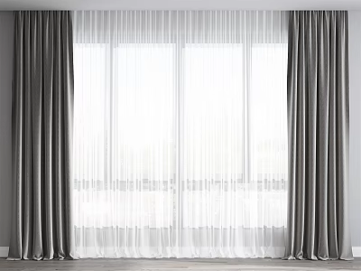 Elegant Gray Curtains With White Sheer Panels For Home Window Decor 3d model
