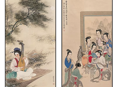 Traditional Chinese Figure Paintings of Women Playing Pipa Indoor Gathering With Willow Tree Calligraphy 3d model