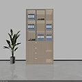 Modern Beige Console Side Cabinet With Storage Shelves Drawers And Green Plant