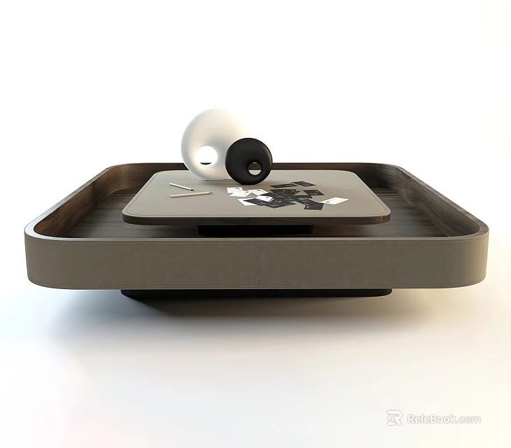 Modern Sleek Coffee Table With Wooden Top Tray And Decorative Items Design 3d model 