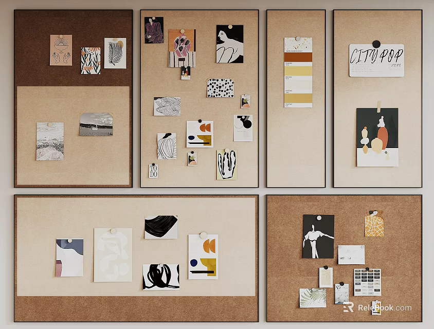 Creative Pinboard Design With Multiple Corkboards And Decorative Photos Artworks Notes 3d model 