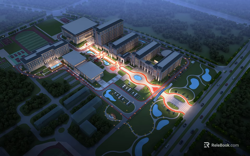 Birds Eye View Planning of Modern Campus With Central Plaza Water Features And Curved Roads 3d model 