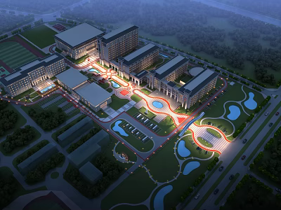Birds Eye View Planning of Modern Campus With Central Plaza Water Features And Curved Roads 3d model