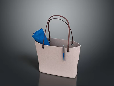 Stylish Beige Tote Bag With Brown Handles And Blue Scarf Inside 3d model