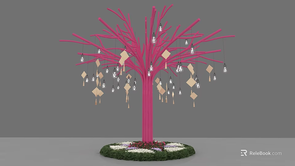 Decorative Pink Tree With Branches Hanging Decorations And Flowers At Base 3d model