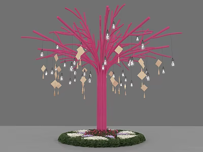 Decorative Pink Tree With Branches Hanging Decorations And Flowers At Base 3d model
