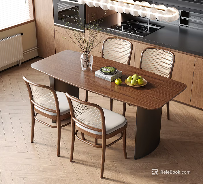 Modern Kitchen Dining Table And Chairs Set With Wooden Top Rattan Backrest And Fruit Bowl 3d model 