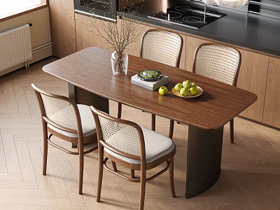 Modern Kitchen Dining Table And Chairs Set With Wooden Top Rattan Backrest And Fruit Bowl 3d model