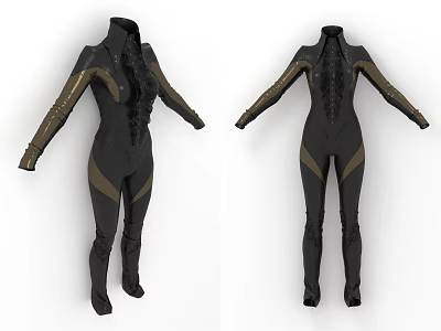 Black Tight Fitting One Piece Suit With Gold Accents And Long Sleeves 3d model