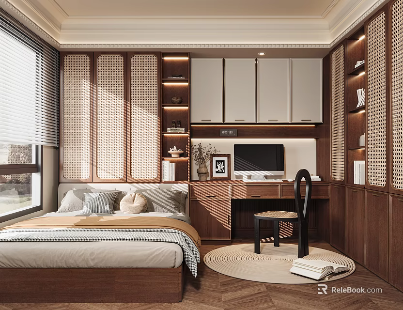 Tatami Bedroom Interior Design With Wooden Walls Bed Desk And Storage Cabinets 3d model 