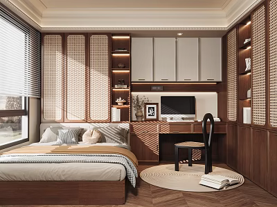 Tatami Bedroom Interior Design With Wooden Walls Bed Desk And Storage Cabinets 3d model