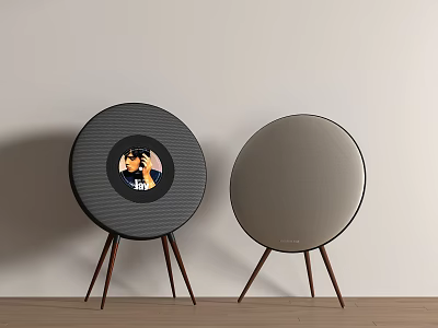 Modern Round Audio Speakers With Wooden Tripod Stands Graphic Print And Matte Finish 3d model