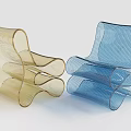 Modern Curved Woven Single Chairs in Golden and Blue Tones with Flowing Lines