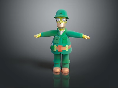 Cartoon Man Wearing Green Military Uniform with Yellow Star Cap and Glasses Arms Outstretched 3d model