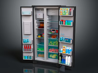 Open Door Refrigerator Freezer with Spacious Compartments Stocked Fresh Food Drinks 3d model