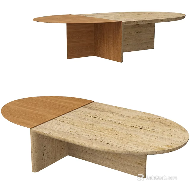 Modern Dining Table With Wooden Section And Stone Top Oval Shape Design 3d model 