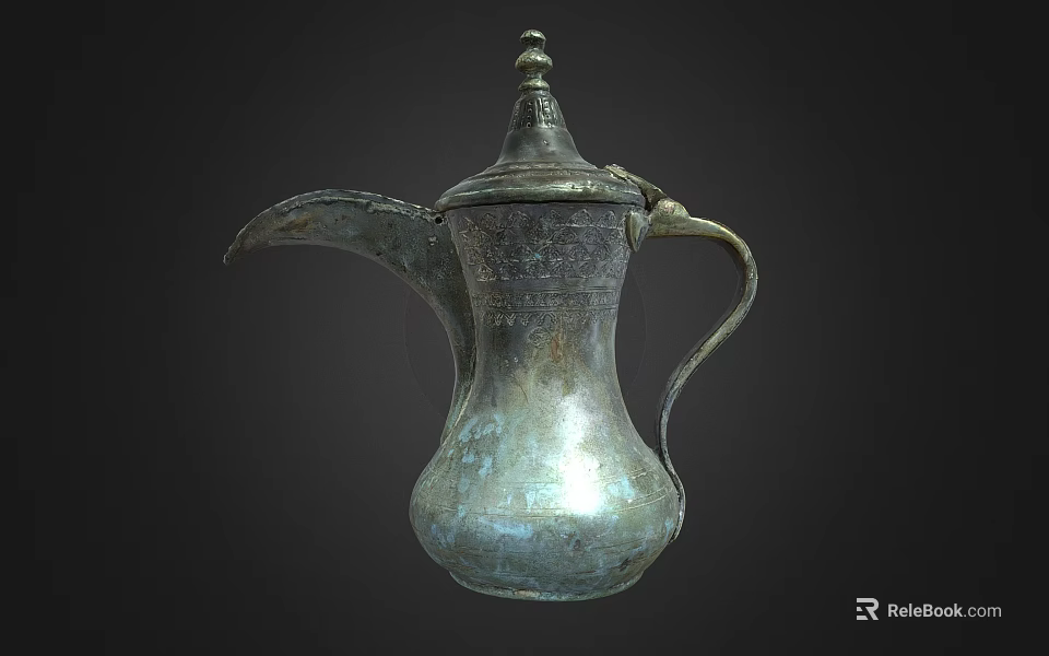Antique Bronze Wine Ewer With Lid Handle And Engraved Patterns Isolated On Dark Background 3d model 