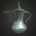 Antique Bronze Wine Ewer With Lid Handle And Engraved Patterns Isolated On Dark Background