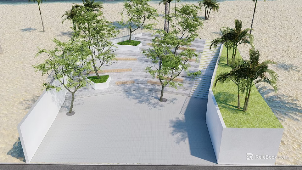Outdoor Staircase Surrounded by Palm Trees in Sandy Area with Paved Path and White Walls 3d model 